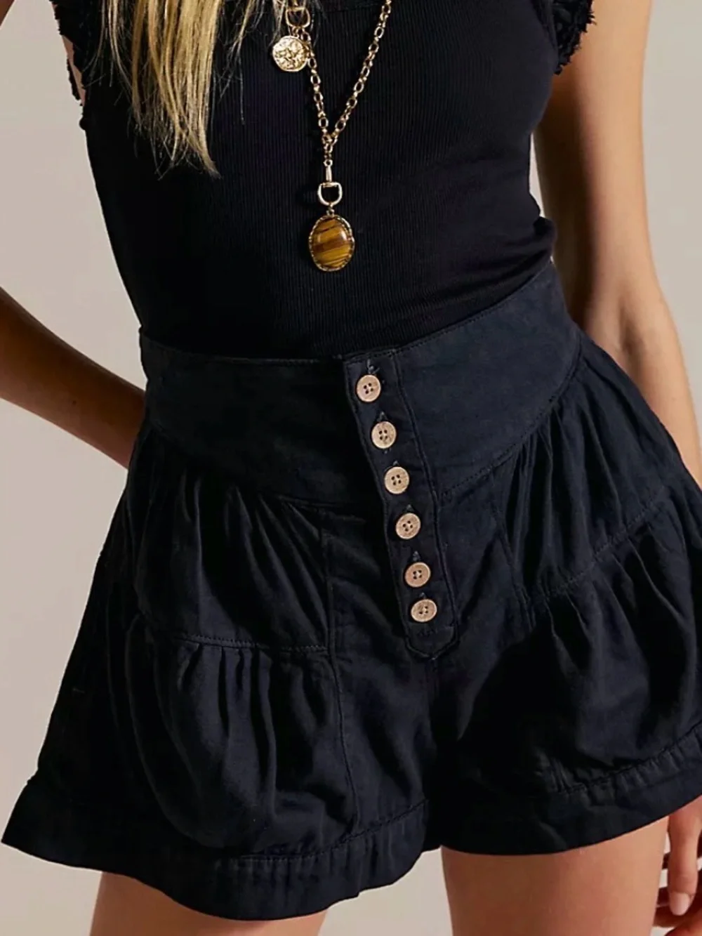 Free People Fleur denim shorts-Tiered-100% Cotton-Black-Boho-XS